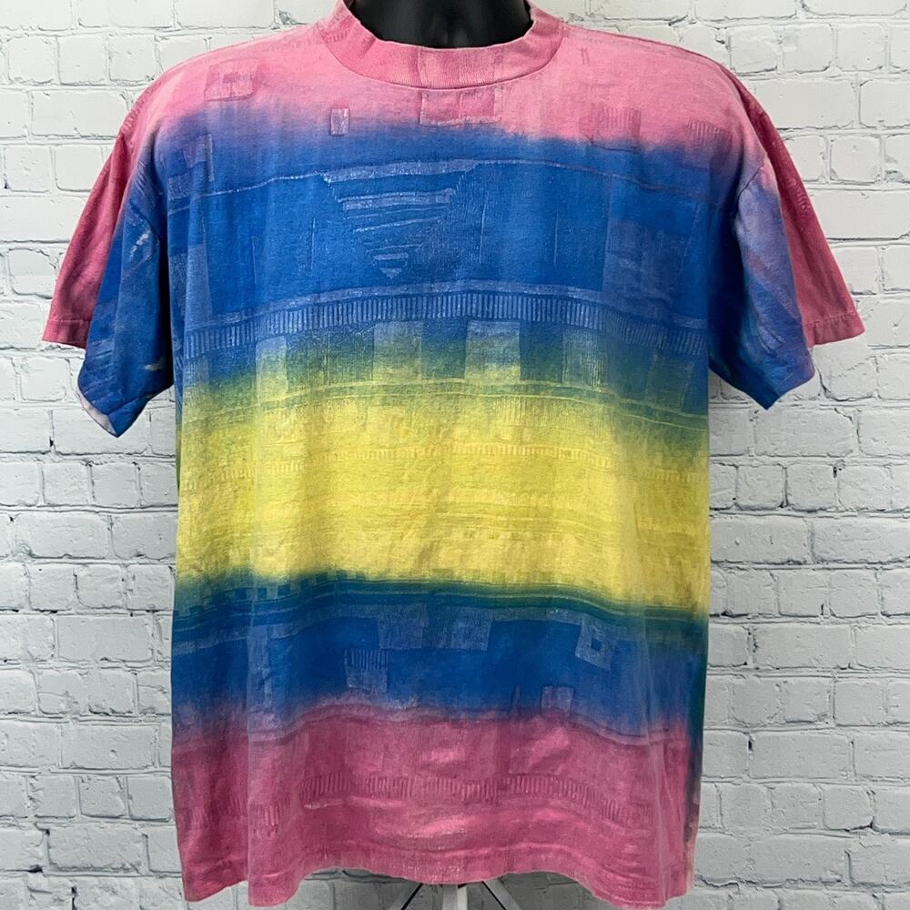 Vintage 90s Protest Knitwear T Shirt Striped Tie Dye Geometric Pink XL X-Large